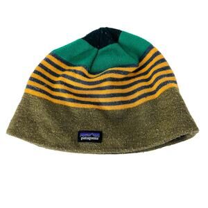 Patagonia Toddler Beanie Hat Striped Pattern Knit Logo Patch Green Yellow‎ Boys